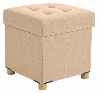 Produktbild von Relaxdays Hocker mit Stauraum, gepolstert, HxBxT: 8 x 38 x 38 cm, Leinenoptik, Holzbeine, eckiger Sitzhocker, creme
