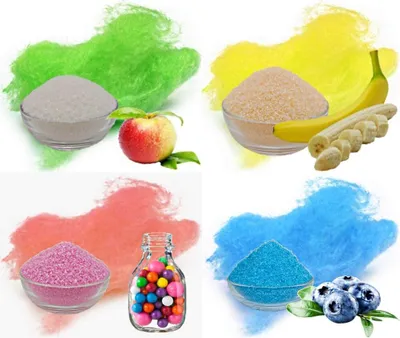 Produktbild von Aromazucker für bunte Zuckerwatte 4 x 100 g mit Geschmack Apfel Banane Bubble Gum Heidelbeere Farbaromazucker Zucker für die Zuckerwattemaschine
