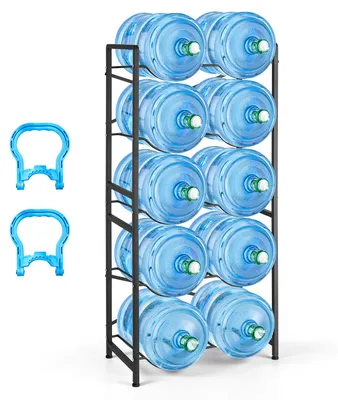 Immagine prodotto di SucceBuy: portabottiglie a 5 ripiani con doppia fila, adatto per bottiglie da 10 galloni, scaffale per bottiglie d'acqua per cucina, ufficio e soggiorno, nero