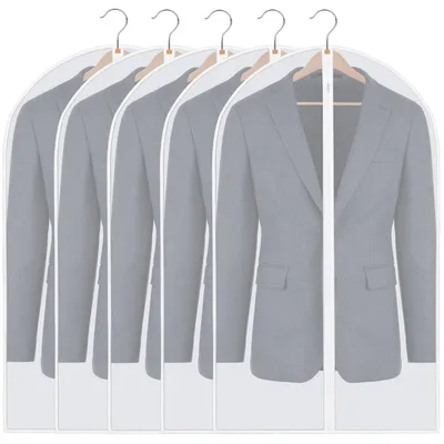 Image de Lot de 5 housses à vêtements, housses transparentes anti-mites 60 x 100 cm, matière respirante, housses à fermeture éclair, housses pour costumes, pour jupes, costumes et robes