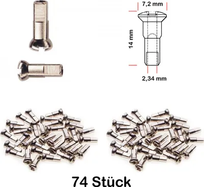 Produktbild von 74 Stück Speichen Nippel Fahrrad verstärkt ROSTFREI 2,34 mm x 14mm MESSING