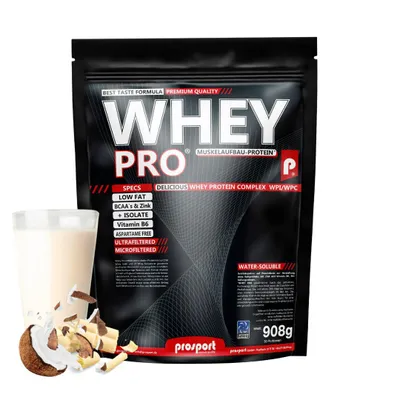 Produktbild von Prosport WHEY PRO® Whey Protein Pulver – Coco White-Choc 908g – Konzentrat-Isolat-Mix, Eiweißpulver mit Zink, Vitamin B6 & EAAs, Protein Shake für Muskelaufbau