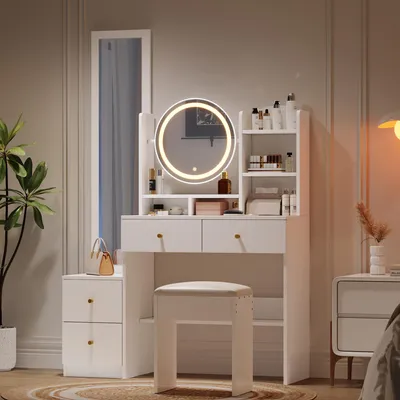 Image de OKWISH Coiffeuse - Table de Maquillage avec Miroir Complet Pivotant, Éclairage LED, Housse et 2 Tiroirs, Poignée Métallique, 109x36x164 cm - Blanc