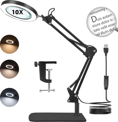 Produktbild von LED Lupenlampe - 2‑in‑1 Tischlampe mit Standfuß & Klemme - 5‑fache Vergrößerung - 3 Modi - 10 Helligkeitsstufen - Edelstahl - Schwarz