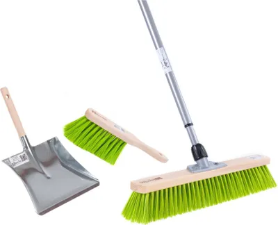 Produktbild von Straßenbesen Set Kehrgarnitur XL Besen 60cm neongrün Teleskopstiel Handfeger und Kehrblech