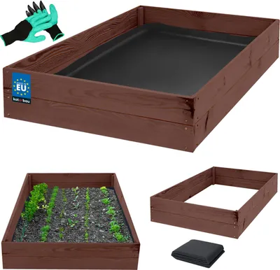 A collage of images showing a wooden raised garden bed, a planted raised garden bed, and gardening gloves.