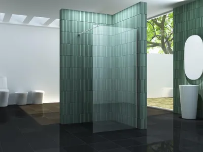 A modern bathroom with a glass shower enclosure, toilets, and a sink.