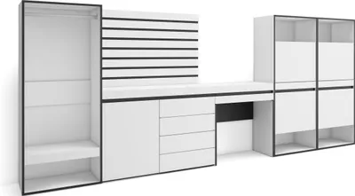 Produktbild von Schuhregal, Schuhschrank, 357x35x145 cm, Für Schlafzimmer, Offener Kleiderschrank, Kommode mit Schubladen, Lamellenwand Holz, Schminktisch, Weiß