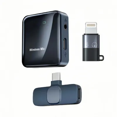 Immagine prodotto di Microfono lavalier - Set wireless - 2,4 GHz - USB-C e Lightning - Riduzione del rumore DSP - Batteria integrata - Per smartphone e PC - Per il palcoscenico