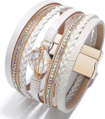 Produktbild von Geflochtenes Lederarmband mit Boho-Lederwicklung und weißen Riemen