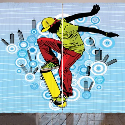 Produktbild von ARANDE Jugend Gardine, Jugendlicher, der Skateboard auf Straße mit abstrakten Stadt-Hintergrund-Kreis-Gebäuden spielt, 280 x 225 cm, Mehrfarbig