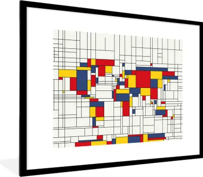 Produktbild von MuchoWow® Gerahmtes Poster Weltkarte - Mondrian - Farben 80x60 cm - Poster mit Schwarzem Bilderrahmen Wandposter Rahmen Foto Bilder - Schlafzimmer-Dekorationen - Fotoposter
