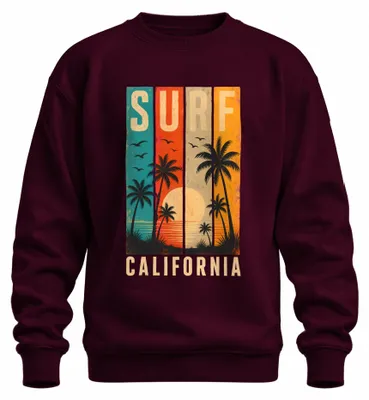 Immagine prodotto di Felpa con cappuccio, stile "Surf California", con immagini di palme, spiaggia e tramonto estivo, ideale per il surf. Colore: bordeaux. Taglia: XL