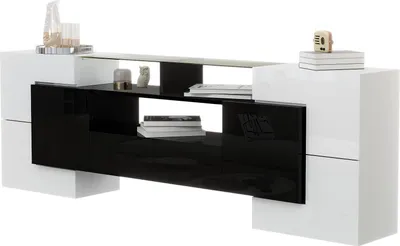 Zdjęcie produktu dla Fortuna Lai Elegancka szafka RTV 200 cm, niska, biały i czarny lakier o wysokim połysku, ze zintegrowanym oświetleniem LED