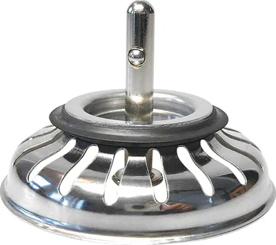 A stainless steel sink strainer basket with a central post and a rubber seal.