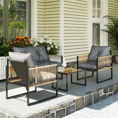 Produktbild von Polyrattan Gartenmöbel Set 4-teilig, Sitzgruppe Lounge, PE-Rattan Sofa 2 Sessel Couchtisch, Dunkelgrau | Glasplatte | wetterfest