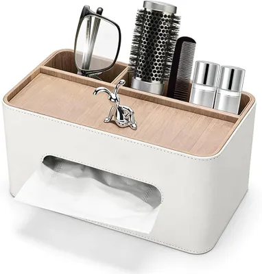 Produktbild von Kosmetiktuchbox aus Polyurethan mit 2 Fächern, benutzerfreundlich und stilvolles Design, Schreibtisch-Organizer für Büro, Zuhause und Badezimmer, beige