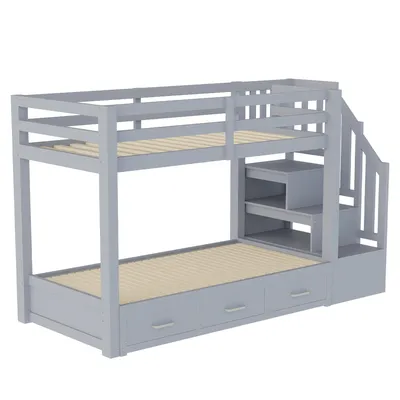 Produktbild von Flieks Etagenbett 90x200cm mit Ausziehbett 90/180x190cm, Hochbett mit 3 Schubladen und Treppe, Stockbett Holzbett mit Rausfallschutz, Grau