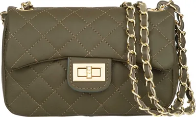 Produktbild von Festa Damenhandtasche aus italienischem Leder – Pikierte Textur, Drehverschluss, für die Schulter, 22x14x8 cm, Olivgrün, Goldene Beschläge, Elegant