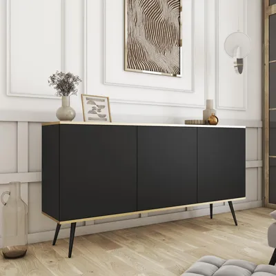 Obrázek produktu pro Komoda/Servantka FORNO, černá, zlatá, styl Art Deco, se 3 dvířky, s černými nožkami