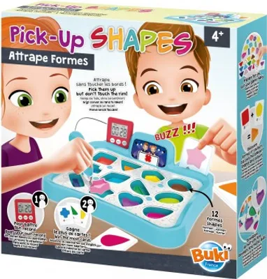 The image shows the packaging of a children's game called "Pick-Up SHAPES". Two cartoon children are depicted playing the game, which involves picking up shapes from a blue board. The packaging also includes text and graphics explaining the game's features
