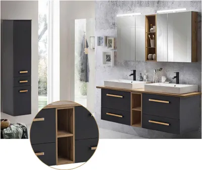 Produktbild von Badmöbel Komplett Set anthrazit mit Landhaus Eiche DABO-04 Doppelwaschtisch, Spiegelschrank & Hochschrank,  B/H/T 210/200/50 cm