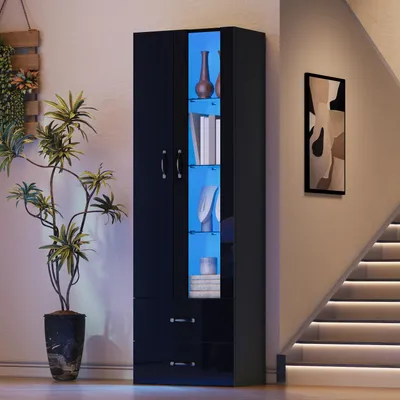 Immagine prodotto di Vetrina Merax illuminata a LED con 3 ripiani e 2 cassetti, vetrina indipendente con 2 ante, mobile alto con ante in acrilico trasparente, nero