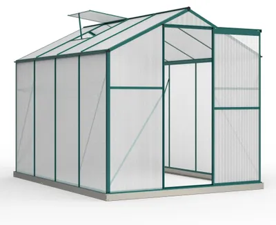 Obrázok produktu pre Skleník - Hliníkový skleník so základom - 4,75 m² - 190×253 cm - Strešné okno - Posuvné dvere - Vodotesný - Tmavozelený
