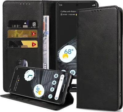 Image de Housse de téléphone portable pour Google Pixel 7 Pro Housse en similicuir avec fermeture magnétique et porte-cartes Book Case - Noir