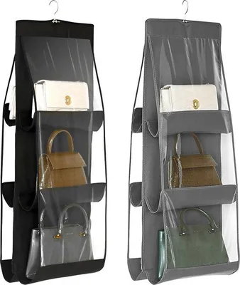Image de Lot de 2 rangements suspendus, rangement suspendu à 6 compartiments, dépliable, penderie pour sacs, porte-sacs pour le salon, la chambre, la maison, gris/blanc