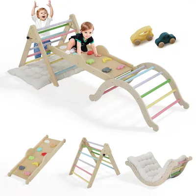 Produktbild von FCH Klettergerüst, 5-in-1 Montessori Pikler-Dreieck Set mit Kletterdreieck, Kletterbogen, Leiter & Rutsche, für 1-3 Jahre, aus Holz, inkl. Baumwollkissen, über 10 Kombinationsmöglichkeiten, winkelverstellbare Leiter.