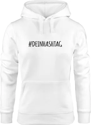 Produktbild von Kapuzen-Pullover Damen personalisiert #Dein Hashtag individuell bedrucken mit eigenem Text Spruch lustig Hoodie Moonworks® weiß S