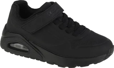 A black Skechers Uno Air Blitz sneaker is shown from a side angle against a white background.