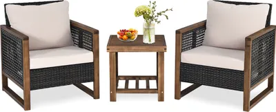 Immagine prodotto di COSTWAY Set di 3 mobili da giardino in rattan, set da balcone in legno e sedie, set da salotto in polyrattan con cuscini di seduta lavabili, set di sedute da esterno, gruppo di sedute terrazza giardino balcone