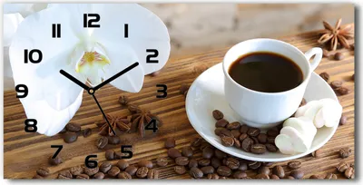 Produktbild von Wanduhr aus Glas – 60x30 cm - Glasbild - Glasuhr - Gehärtetes Glas - schwarze-zeiger - Tasse Kaffee