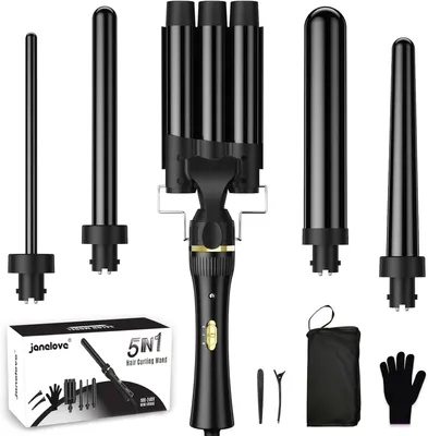 Produktbild von 5-in-1 Keramik Lockenstab 10-32mm für Große und Kleine Locken, 180°C/210°C, Welleneisen Set mit Clips & Handschuh für Kurze und Lange Haare