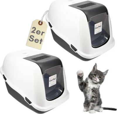 A collage of two cat litter boxes and a kitten.