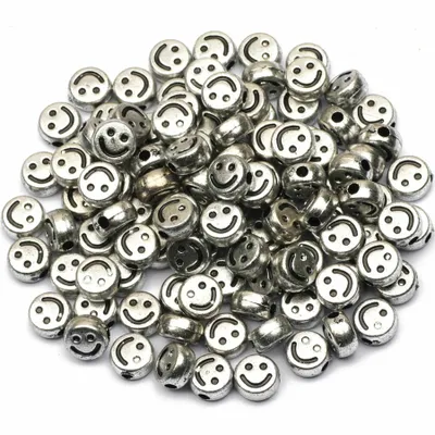 Obrázek produktu pro Řemeslné korálky kulaté 100 ks, 7 x 4 mm kulaté, stříbrné korálky se smajlíkem