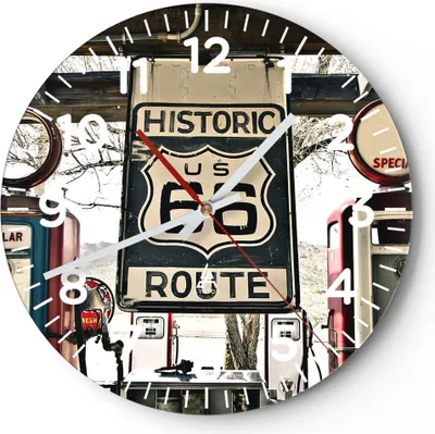 Produktbild von Wanduhr - Rund - Glasuhr - Straße alt 66 USA - 30x30cm - Schleichendes Uhrwerk - Lautlos - zum Aufhängen bereit - Dekoration Modern - Wanddekoration aus Glas - C4AR30x30-3573
