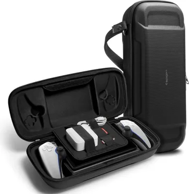 A black protective case for the Sony PlayStation Portal is shown open and closed, with accessories inside the open case.