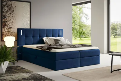 Produktbild von Doppelbett 180x200 FANA mit LED-Beleuchtung – Dunkelblau + GRATIS Matratzenauflage