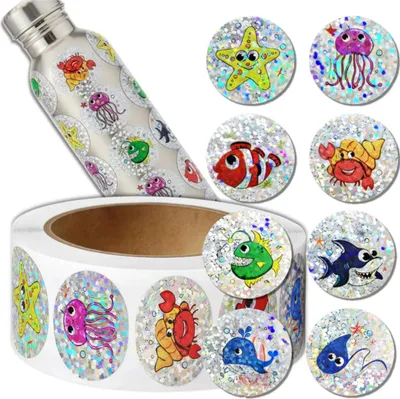 Produktbild von Holografische Meerestier-Aufkleber auf einer Rolle, 500 Stück, für Kinder, zum Selbermachen