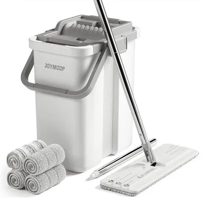Produktbild von Famanu Mop und Eimer mit Wringmechanismus - Flachmopp und Mikrofasertücher