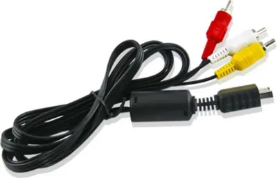 A black AV cable with red, white, and yellow RCA connectors and a proprietary connector on the other end, laid out on a white background.