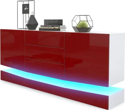 Produktbild von Vladon Sideboard City, Germany, Weiß matt/Bordeaux Hochglanz inkl. LED - Moderne Kommode für Ihr Wohnbereich (178 x 72 x 38 cm)