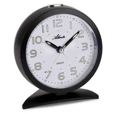 A black analog alarm clock with a white face and black hands, set against a white background.