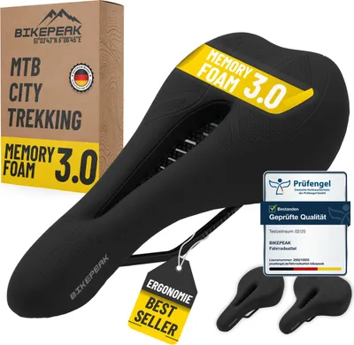 Produktbild von BikePeak Memory-Schaum Fahrradsattel Herren - Bequemer, Wasserabweisender MTB Sattel in Schwarz