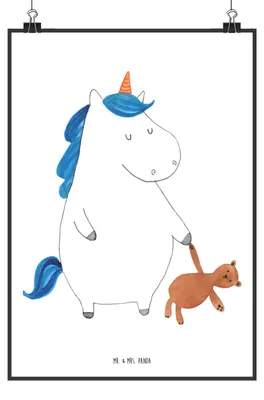 Produktbild von Mr. & Mrs. Panda Bild Einhorn Teddy DIN A2 - Weiß - Geschenk, Träumen, Freundin, drucke, Wandbild, Kunstdruck, Gute Nacht, Unicorn, Bett, Einhörner, schlafen, wanddeko