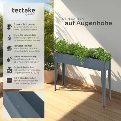 A raised garden bed filled with herbs on a wooden deck, with marketing text on the left.