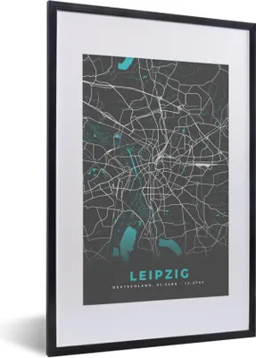 Produktbild von MuchoWow® Gerahmtes Poster Stadtplan - Leipzig - Deutschland - Karte 40x60 cm - Poster mit Schwarzem Bilderrahmen Wandposter Rahmen Foto Bilder - Poster in Rahmen